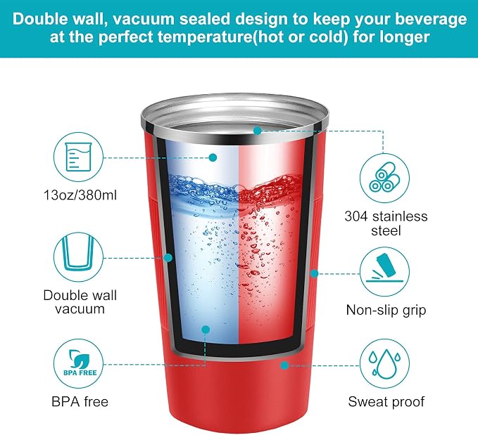 YINJAM 12oz Travel Coffee Mug Insulated Coffee Cups to Go with Leakproof Lid Vacuum Stainless Steel Double Walled Thermal Car Coffee Tumbler for Hot Cold Iced Tea Drinks Reusable (Red, 12oz)