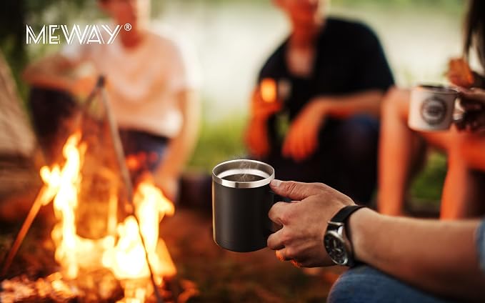 MEWAY 12oz Coffee Mug With Handle and Sliding Lid,Stainless Steel Travel Tumbler Cup with Handle,Double Wall Vacuum Insulated Camping Cup for Hot & Cold Drinks Tea (Black,Set of 1