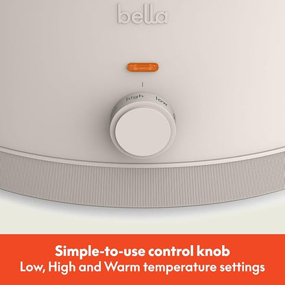 bella 6.0 Qt Manual Slow Cooker, Ceramic Nonstick Coating, 3 Temperature Settings, Dishwasher Safe Stoneware Pot and Tempered Glass Lid, Cool Touch Handles & Tangle Free Cord Wrap, Oatmilk