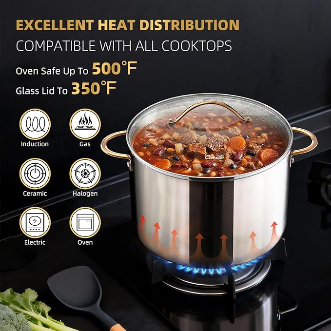 Ciwete 12 Quart Stock Pot with Lid, Upgraded Tri-Ply Stainless Steel Pot, Seamless Large Cooking Pot with Stay-Cool Brass Handle, Healthy Polished Stockpots, Induction Cookware, Oven & Dishwasher Safe