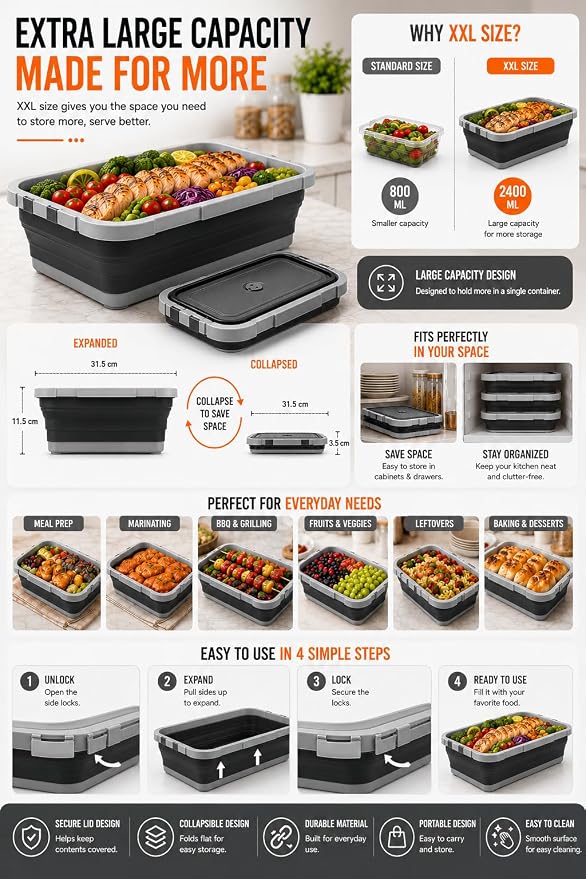 Pamper Paws 2-pack XL Collapsible BBQ Prep Tub with Cutting Board – Foldable Food Prep Container for Outdoor Cooking & Kitchen Use – Space Saving Collapsible Wash Tub, Portable BBQ Prep Tub (Black)