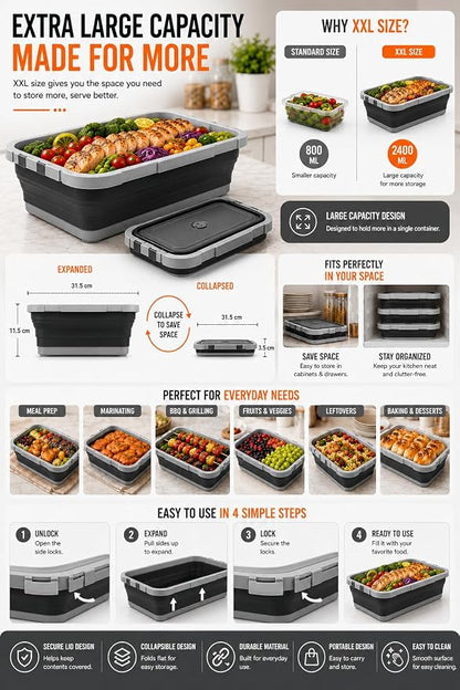 Pamper Paws 2-pack XL Collapsible BBQ Prep Tub with Cutting Board – Foldable Food Prep Container for Outdoor Cooking & Kitchen Use – Space Saving Collapsible Wash Tub, Portable BBQ Prep Tub (Black)