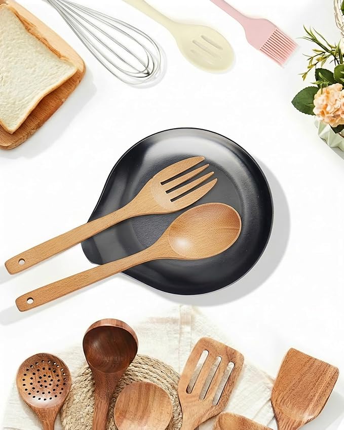 VanlonPro Stainless Steel Spoon Rest, Spatula Ladle Holder, Stainless Steel Utensil Spoon Rest Holder, Brushed Finish, Dishwasher Safe 5.9 x 5.1 Inch (Round Black 1PC)
