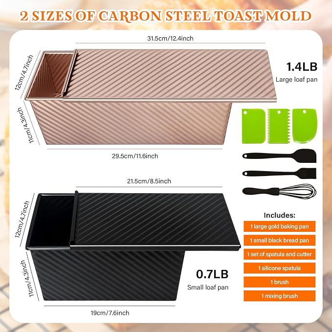 Pullman Loaf Pan Set with Lids – 2 Pack Nonstick Bread Pans for Baking, 2.2lb & 1lb Dough Capacity, Carbon Steel Sandwich Toast Mold for Shokupan, Pain de Mie & Sourdough with Baking Tools