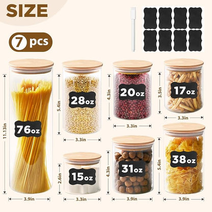 SHOWIN Glass Food Storage Jars, Glass Jars with Bamboo Lids, Kitchen Storage Jars, Canisters with Airtight Lids for Spice, Coffee, Cookie, Set of 7, Pantry Organizers