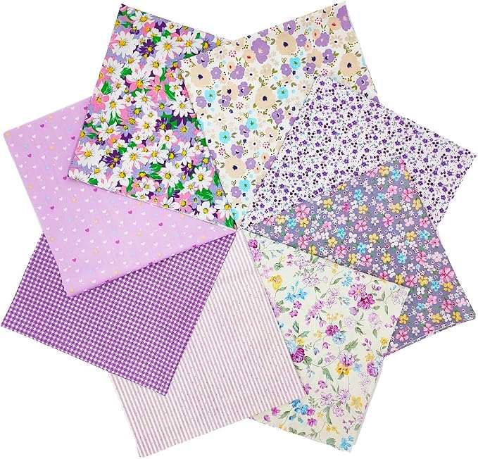 8 pcs/lot Fabric Bundles Top Cotton 19.69" x 19.69" (50cm x 50cm) Quilt, Pre-Cut Squares Sheets for Patchwork Sewing Quilting Crafting, Purple Floral.