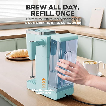 Tastyle 330MF Single Serve Coffee Maker with Built-in Detachable Milk Frother, Iced and Hot Coffee Machine for K Cup & Grounds, 40oz Removable Water Reservoir, 6 Cup Sizes, Fits 7.3" Travel Mug, Teal