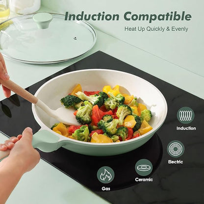 SENSARTE Nonstick Ceramic Frying Pan with Lid 8 Inch Small Omelette Pan Skillet, Free of Intentionally Added PFAS/PTFE Non-toxic Chef's Pan Induction Compatible Pan, Heat Resistant Handle, Mint Green