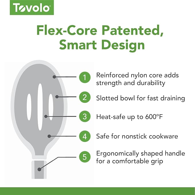 Tovolo Flex Core Silicone Slotted Deep Spoon for Cooking Mixing Baking, Dishwasher Safe BPA Free All Silicone Kitchen Spoon Utensil Heat Resistant Nonstick Safe Slotted Serving Spoon, Charcoal Gray