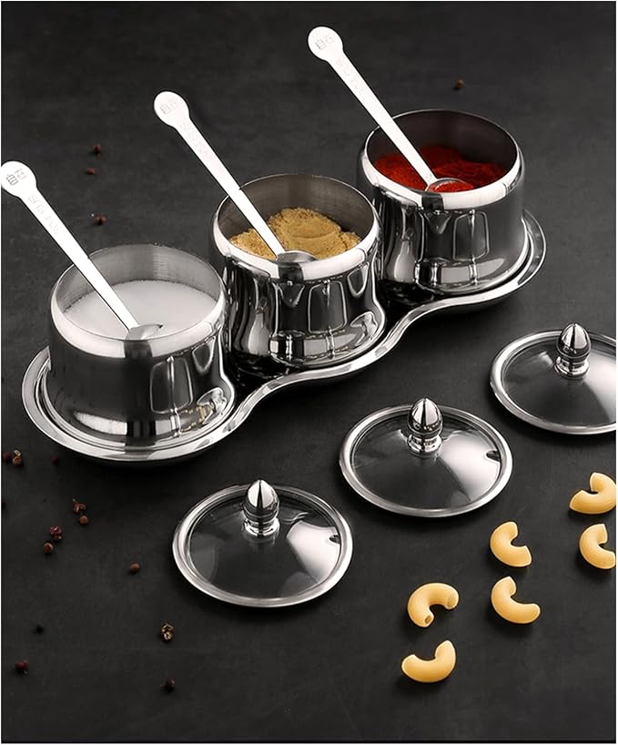 Tenta Tenta Kitchen 18/8 Stainless Steel Seasoning Box Condiment Jar Set Spice Jar Spice Rack Condiment Cruet Bottle Salt Pepper Sugar Storage Organizers with 3 Serving Spoons (Glass Lids)