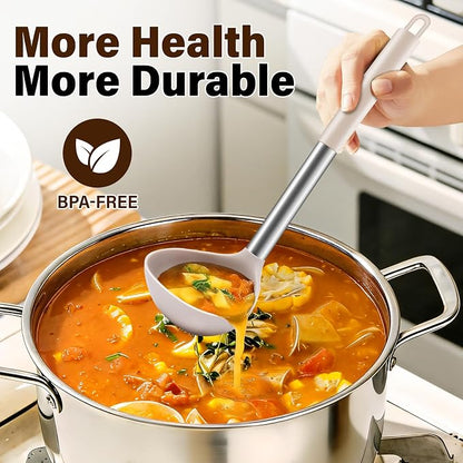 3Pcs Silicone Cooking Spoon Set, Kitchen Utensils Include Solid & Slotted Spoon, Soup Ladle, Food-Grade Heat Resistant 446°F, Non-Scratch Spoons for Serving, Stirring, Draining, Dishwasher Safe, Khaki