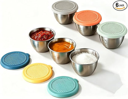6 Pack 2.7oz Leakproof Salad Dressing Containers To Go, Reusable Stainless Steel Sauce Cups with Colorful Silicone Lids, BPA-Free Small Condiment Containers for Lunch Bento, Picnic & Travel, 80ml