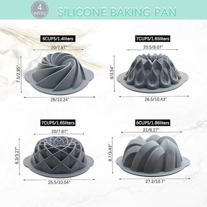 Tongjude 4 Pieces Silicone Fluted Cake Pans, 6/7/8 Cups Tube Baking Pan, Non-Stick Kitchen Oven Baking Pans, Silicone Molds for Homemade Cake, Bread and Jello, Grey