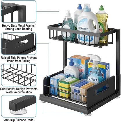 Under-Sink Storage Organizer (2-Pack) — Double-Tier Pull-Out Cabinet Organizer with Sliding Drawers ，Heavy-Duty & Versatile Storage Rack for Kitchen, Bathroom, and Pantry，Black