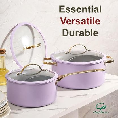 Chef Power Ceramic Cookware Sets, Pots and Pans Set Non Stick, Cookware Set with Stainless Steel Handle, Dishwasher & Oven Safe Purple 15Pcs Set