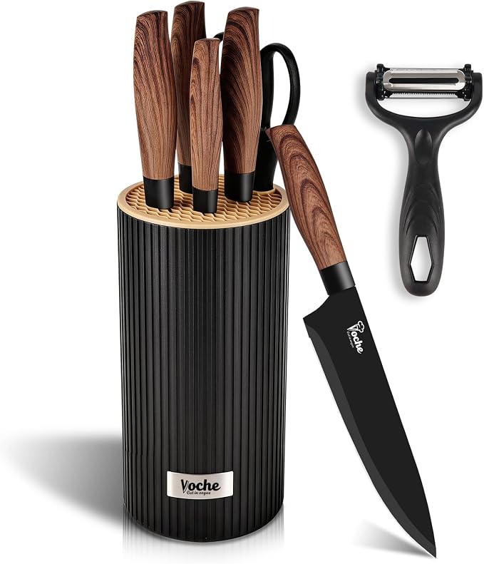 Knife Set, Kitchen Knife Set with Block, 7 Pcs Kitchen Knife Set with 3-in-1 Peeler, Knife Block Set Compact Stainless Steel Knives with Wood Grain Finish Handles, Space Saving Kitchen Essentials