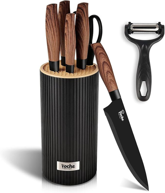 Knife Set, Kitchen Knife Set with Block, 7 Pcs Kitchen Knife Set with 3-in-1 Peeler, Knife Block Set Compact Stainless Steel Knives with Wood Grain Finish Handles, Space Saving Kitchen Essentials