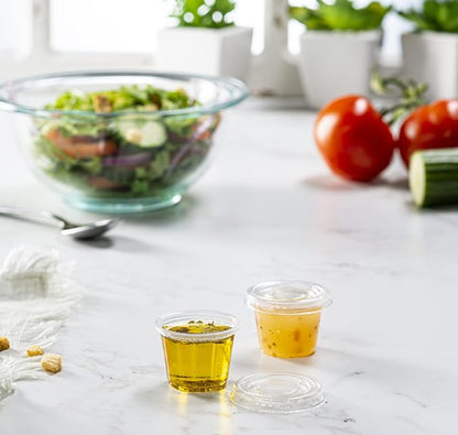 ELEGANT DISPOSABLES (1 oz - 100 Sets) Clear Diposable Plastic Portion Cups With Lids, Small Mini Containers For Portion Controll, Jello Shots, Meal Prep, Sauce Cups, Slime, Condiments,