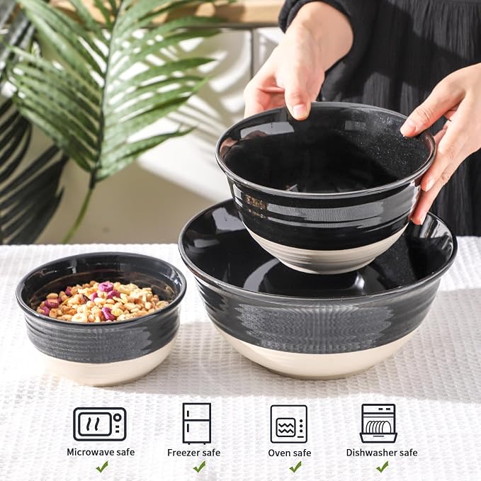 HASENSE Ceramic Mixing Bowls Set of 3, 84/40/20 Oz Black & Beige Stoneware Bowls, Farmhouse Bowls for Salad, Soup, Cooking Baking Serving Food, Nesting BowlsDishwasher & Microwave Safe