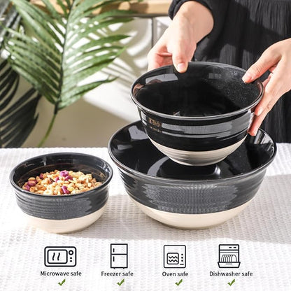 HASENSE Ceramic Mixing Bowls Set of 3, 84/40/20 Oz Black & Beige Stoneware Bowls, Farmhouse Bowls for Salad, Soup, Cooking Baking Serving Food, Nesting BowlsDishwasher & Microwave Safe