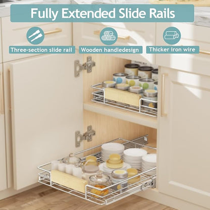 LOVMOR Pull Out Cabinet Organizer with Wooden Handle, 16½" W x 21½"Heavy Duty Cabinet Drawers Shelves Slide Out Organizer for Kitchen, Pantry
