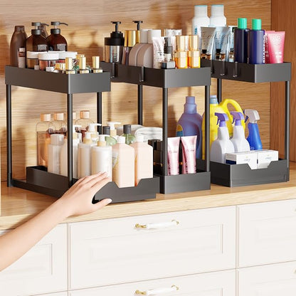 Simple Trending Under Sink Organizer 3 Pack, Sink Pull-Out Sliding Storage Cabinet, 2-Tier Under Shelf Organizer for Kitchen Bathroom, Black