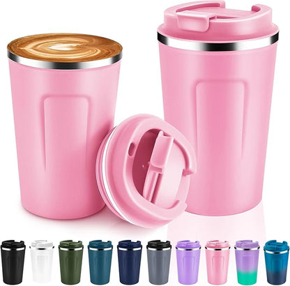 Volhoply 12 oz Double Wall Insulated Vacuum Travel Coffee Mugs with Flip Lid Bulk 2 Pack,Reusable Stainless Steel Leak Proof Coffee Cup,Portable Cafe Thermal Tumbler for Hot & Cold Drinks(Pink,2 Set)
