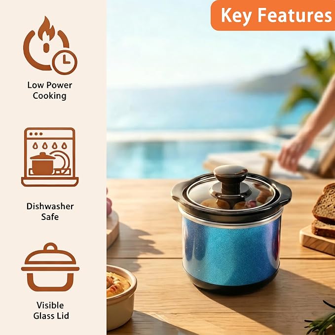 Mini Slow Cooker, 0.65 Qt Capacity small slow cooker, Ceramic Pot, Nutrient Loss Reduction, For Sauces, Stews & Dips, Round (Sapphire glitter)