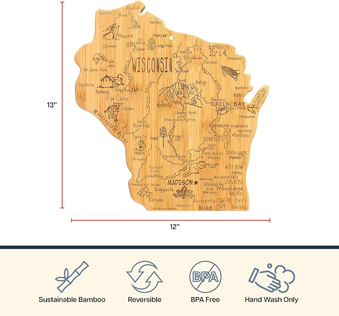 Totally Bamboo Destination Wisconsin State Shaped Serving and Cutting Board, Includes Hang Tie for Wall Display