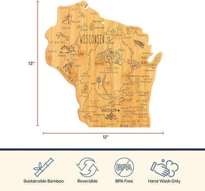 Totally Bamboo Destination Wisconsin State Shaped Serving and Cutting Board, Includes Hang Tie for Wall Display
