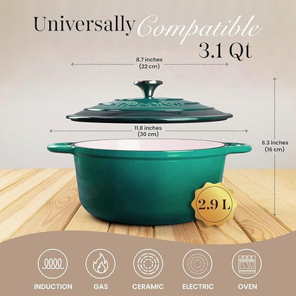 Cast Iron Dutch Oven with Lid - Non-Stick Ovenproof Enamelled Casserole Pot - Sturdy Dutch Oven Cookware - Dark Green, 3.1-Quart, 22cm-by Nuovva