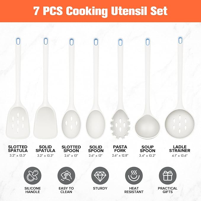Large Silicone Utensils Set of 7 for Cooking,No Scratch for Nonstick Cookware,Pasta Server,Spaghetti Spoon,Slotted Spoon&Spatula,Solid Spoon&Spatula,Skimmer,Soup Ladle BPA Free Heat Resistant (White)