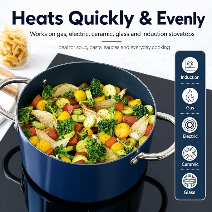 MICHELANGELO 10 Qt Ceramic Nonstick Stock Pot with Lid, Induction Ready | Ceramic nonstick coating | Stainless steel construction | Stay-cool handles | Ideal for chili, seafood boils and batch meals