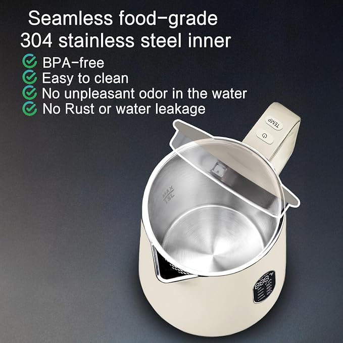 1.5L Electric Kettle Stainless Steel, Double Wall Cool Touch Teapot, Fast Boil,5 Temperature Control, LED Display, Auto Shut-Off,Keep Warm Function,Cream White