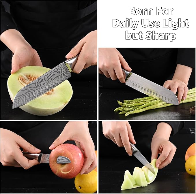 Santoku Knife and Fruit Knife Damascus Pattern Kitchen knives Set Stainless Steel Japanese Chef Knife Paring knives with Hollow Handle