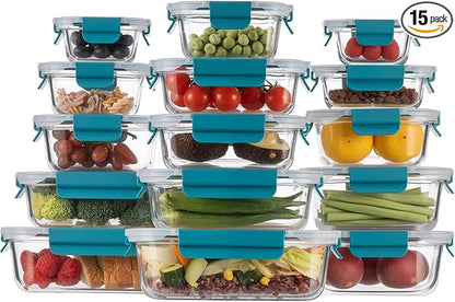 GENICOOK Glass Meal Prep Containers Set, 15 Pack Airtight Food Storage Containers with Locking Lids, Borosilicate Glass Lunch Containers BPA-Free for Healthy Eating, Microwave Oven Dishwasher Safe