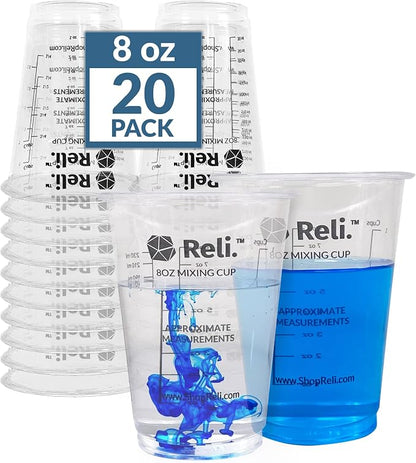 Reli. 8 oz Paint Mixing Cup/Resin Mixing (20 Pcs) | Disposable Measuring Cups | Clear Plastic Measures | Use for Paint, Epoxy Resin, Pigments (8oz)