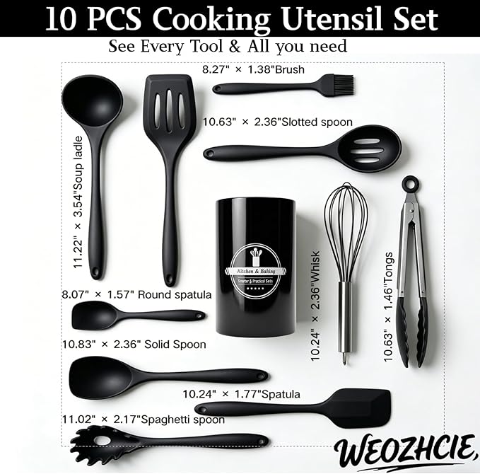 Silicone Kitchen Utensils Set,10 PCS Cooking Kitchen Utensils Set, Nonstick Kitchen Utensils 446°F Heat-Resistant Cookware Kitchen Tools of Spoon,Brush,Whisk,Spatula,Turner Tongs(Black)