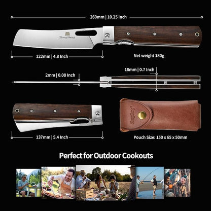 ZhengSheng Folding Chef Knife with Leather Pouch 4.8" Sharp 440A Stainless Steel Blade Wooden Handle Pocket Foldable Japanese Style Kitchen Knife for Outdoor Camping Cooking.