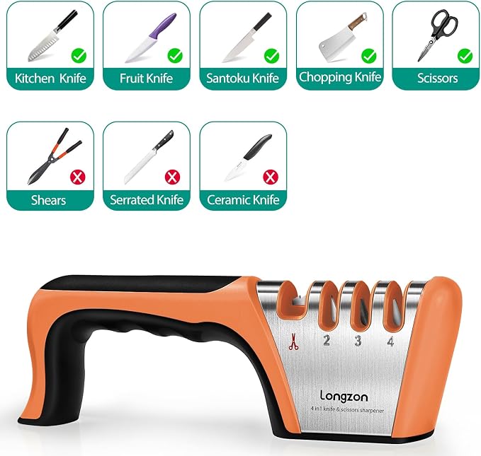 Longzon 5-in-1 Knife Sharpener 4 Stage with Cut-Resistant Glove, Quickly Sharpens & Restores Dull Blades, Easy & Safe for Home Kitchen Use, Fits Most Knives and Scissors, Black+Orange
