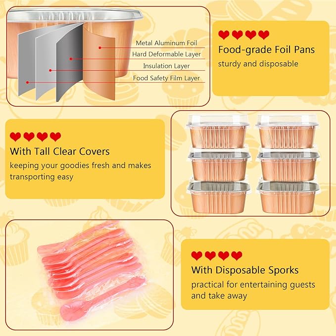LNYZQUS 5oz Foil Baking Cups with Lids 25 Pack, Square Mini Cake Pans Disposable Muffin Tins, Small Cupcake Containers for Oven, Individual Ramekins for Holiday Baking Gifts-Champagne