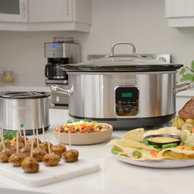 Kenmore Programmable 7 qt (6.6L) Slow Cooker with Dipper Sauce-Warmer, Black and Silver, Stainless Steel, Digital Display, One-Touch Controls, Braise, Simmer, Sous Vide, Stew, Soup, Chili, Curry