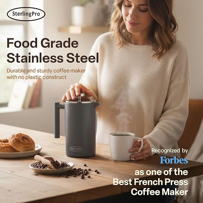 SterlingPro Small Insulated Stainless Steel French Press Coffee Maker 34oz – Insulated Metal Double Wall Coffee Maker | Plastic Free | Cool-Touch | Grey Finish | Makes up to 8 cups / 4 mugs