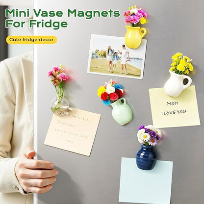 Renmxj 8 Pcs Refrigerator Magnets - Cute Mini Ceramic Vase Fridge Magnets with Artificial Flowers, Funny Tiny Vase Magnet for Fridge Decorative, Office, Kitchen, Locker, Whiteboard