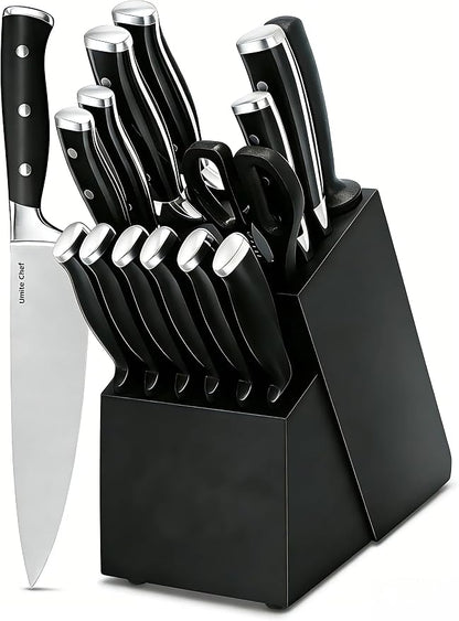 Knife Set, 15 Piece Premium Kitchen Knife Block Set, Razor-Sharp, High Carbon Stainless Steel Chef Knife, Ergonomic Forged Triple Rivet Handle, Black Sharp Knife Set for Kitchen, Dishwasher Safe
