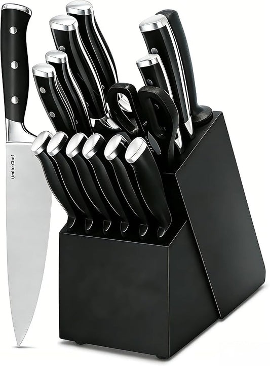 Knife Set, 15 Piece Premium Kitchen Knife Block Set, Razor-Sharp, High Carbon Stainless Steel Chef Knife, Ergonomic Forged Triple Rivet Handle, Black Sharp Knife Set for Kitchen, Dishwasher Safe