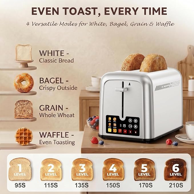 Touch Screen Toaster 2 Slice, Retro Stainless Steel Smart 2 Slice Toaster with Digital Timer,1.5" Wide Solt with 6 Shade Settings, Perfect for Waffles, Bagels and More 238TCB(Silver)