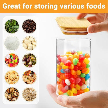Square Glass Storage Jars, 2 Pack 10 Fl.oz Glass Containers with Bamboo Lids, Wide Mouth Spice Canister with Airtight Lids for Sugar Coffee Tea Candy Cookies - Included Labels, Spoon and Marker