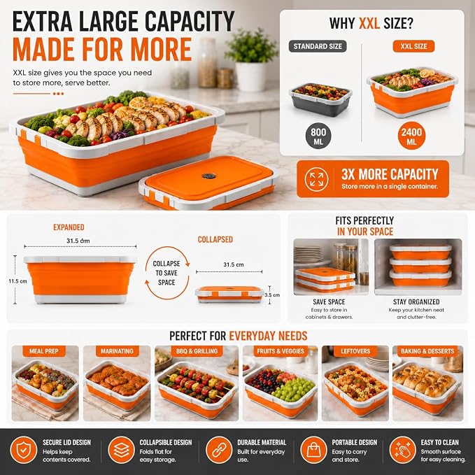 Pamper Paws 2-pack XL Collapsible BBQ Prep Tub with Cutting Board – Foldable Food Prep Container for Outdoor Cooking & Kitchen Use – Space Saving Collapsible Wash Tub, Portable BBQ Prep Tub (Orange)