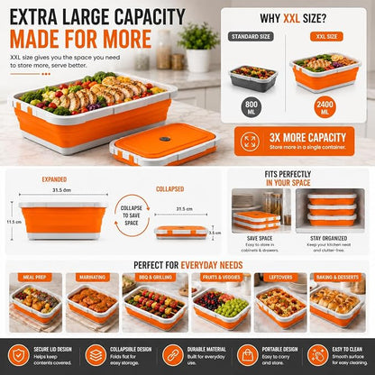 Pamper Paws 2-pack XL Collapsible BBQ Prep Tub with Cutting Board – Foldable Food Prep Container for Outdoor Cooking & Kitchen Use – Space Saving Collapsible Wash Tub, Portable BBQ Prep Tub (Orange)